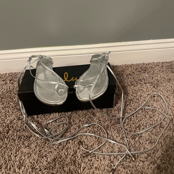 Lulu’s Micah Silver Metallic Tie Up Sandals - Picture 3 of 6